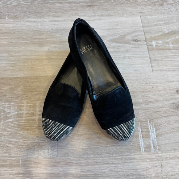 Stuart Weitzman Lingo Flats Loafers Womens 7.5 Black Silver Stud Slip On Shoes - Picture 1 of 10